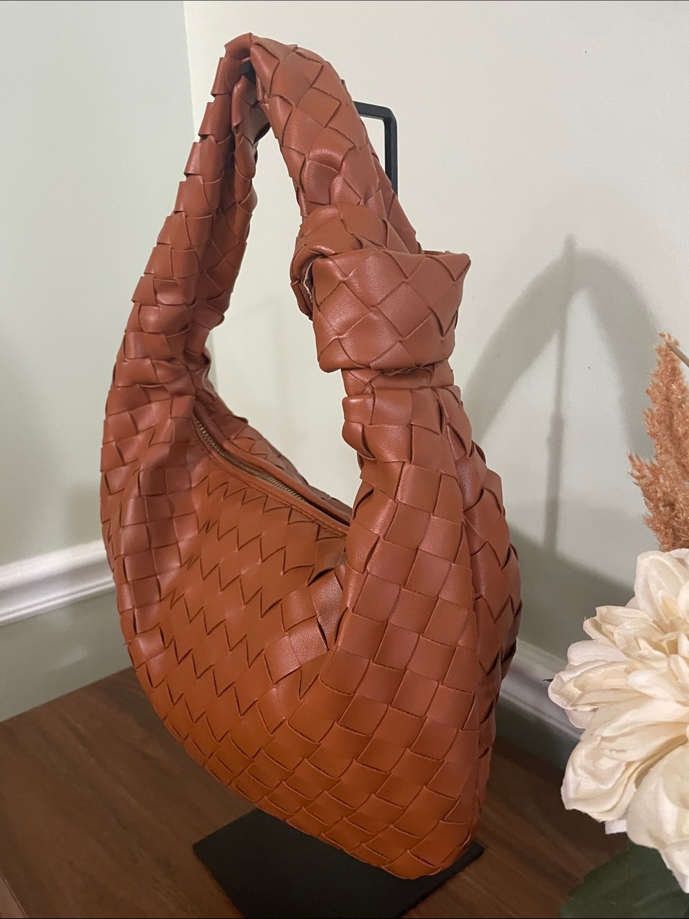 Woven Knot Handle Shoulder Bag - Cognac Brown - Picture 2 of 3